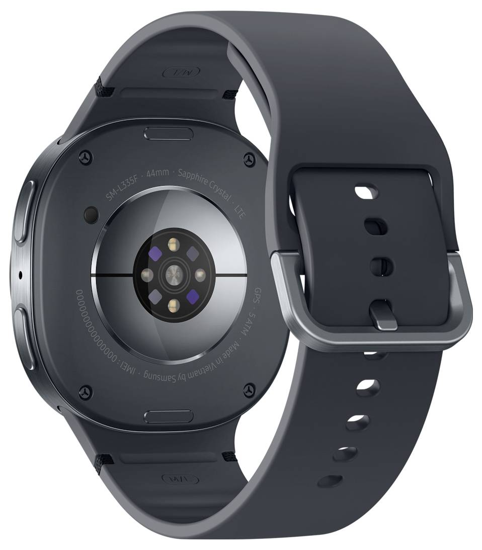 Eine Smartwatch von der Rückseite betrachtet. Sie verfügt über ein kreisförmiges Sensorpanel und ein dunkles Armband.