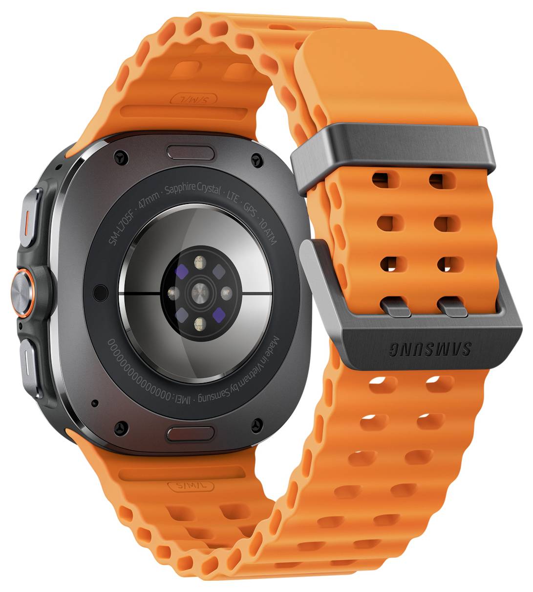 Eine orangefarbene Smartwatch mit einem schwarzen Gehäuse wird gezeigt, wobei ein Sensor auf der Rückseite sichtbar ist. Das Armband ist gelocht für mehr Tragekomfort.