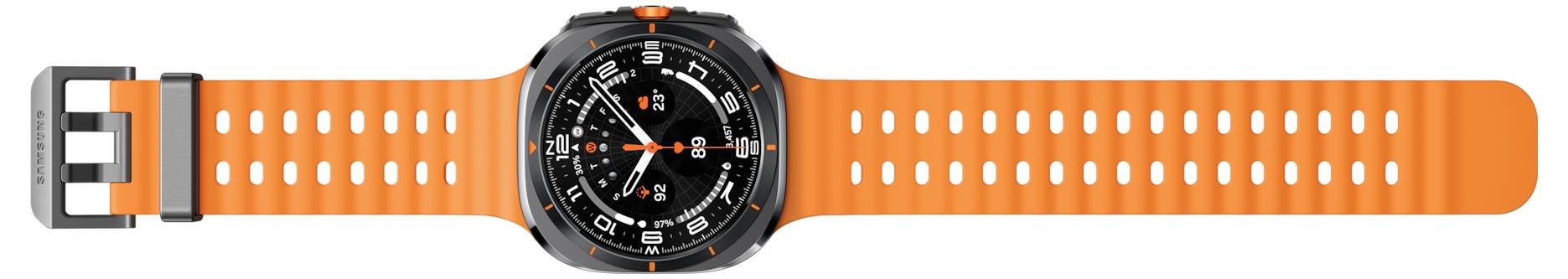 Eine schwarze Smartwatch mit einem orangefarbenen perforierten Band, die eine analoge Zeitanzeige mit Stunden-, Minuten- und Sekundenzeigern auf dem Zifferblatt zeigt.