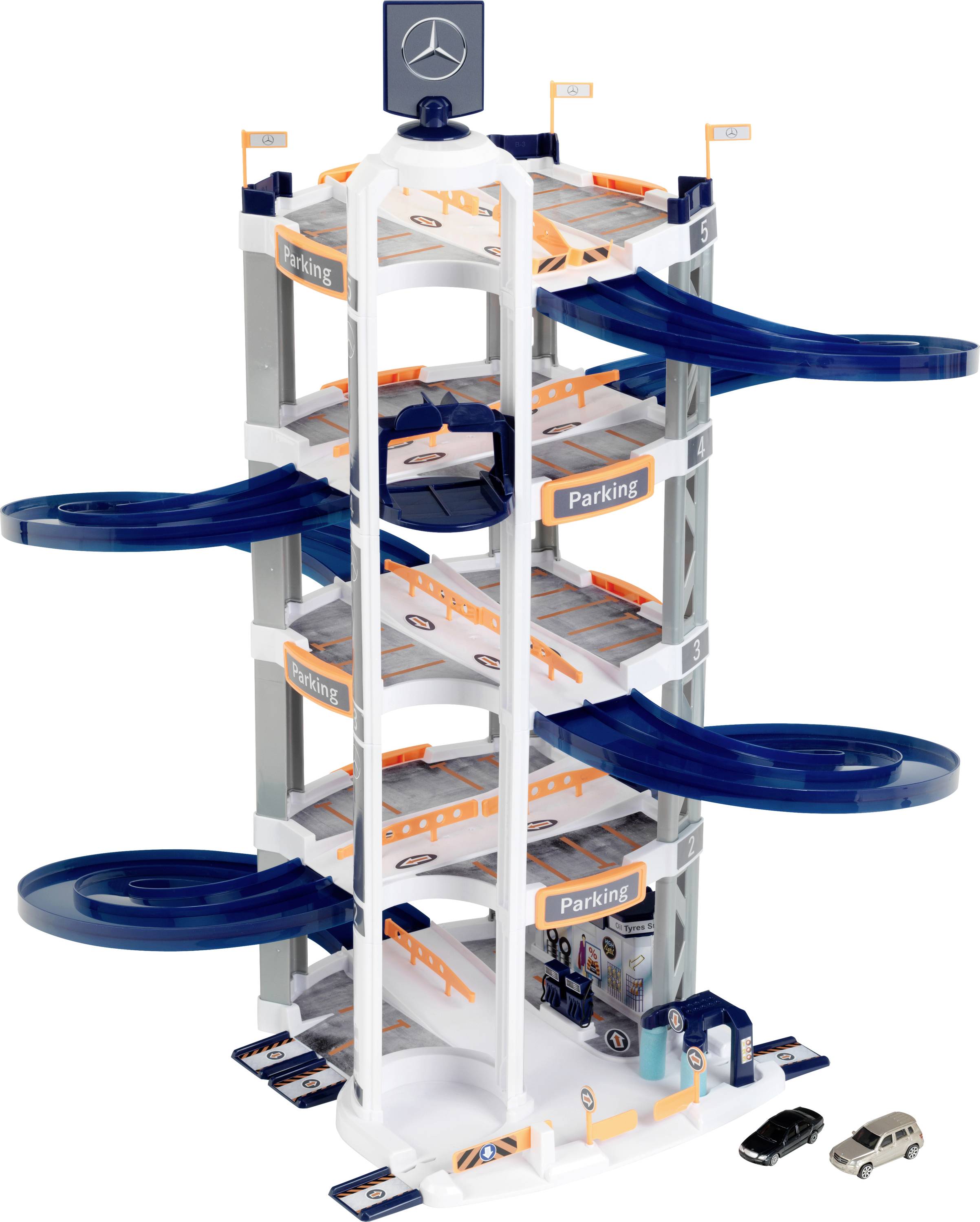Theo Klein 3972 Mercedes-Benz Parkhaus mit 5 Ebenen I Stabile Parkgarage mit doppelter Abfahrtrampe, 2 Rennautos u.v.m. ...