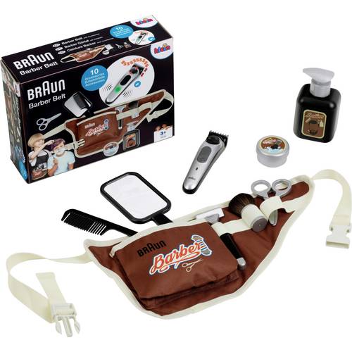 Theo Klein 5838 Braun Barbier-Set I Bauchtasche mit vielen Barber-Shop-Utensilien I Elektrischer Spiel-Bartschneider I S...