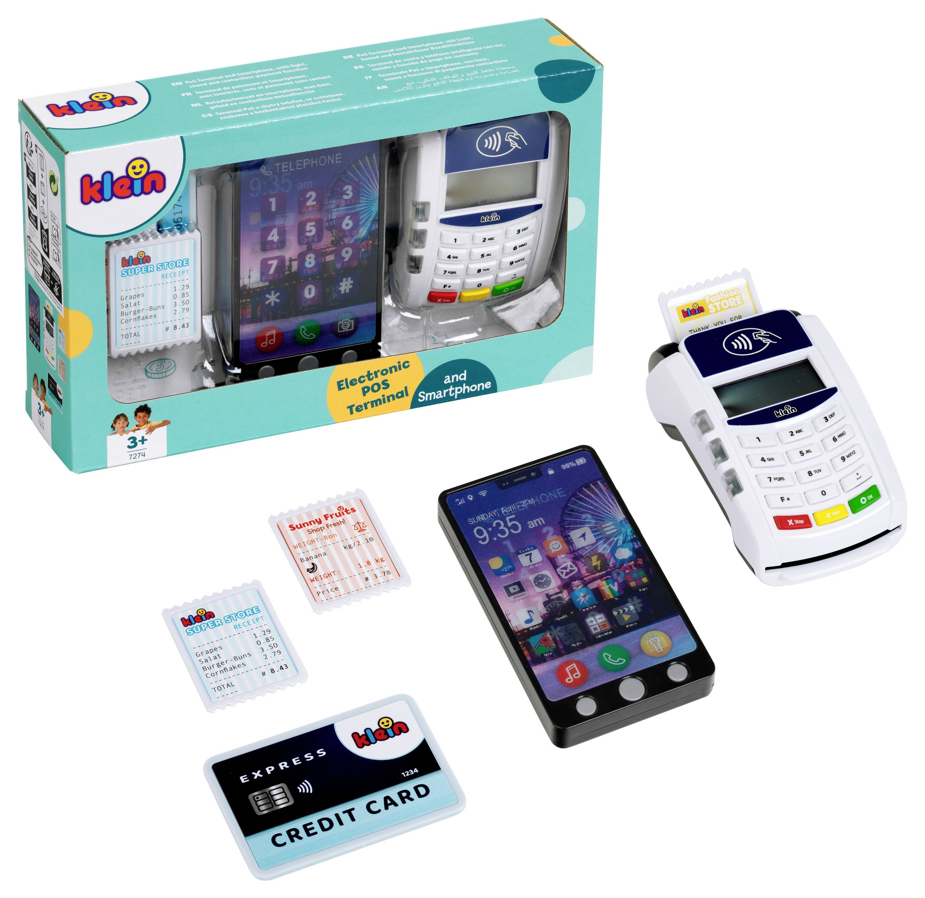 Elektronisches Spielkassen- und Smartphone-Set mit bunten Tasten, inklusive Spiel-Kreditkarten, geeignet für Kinder ab 3 Jahren.