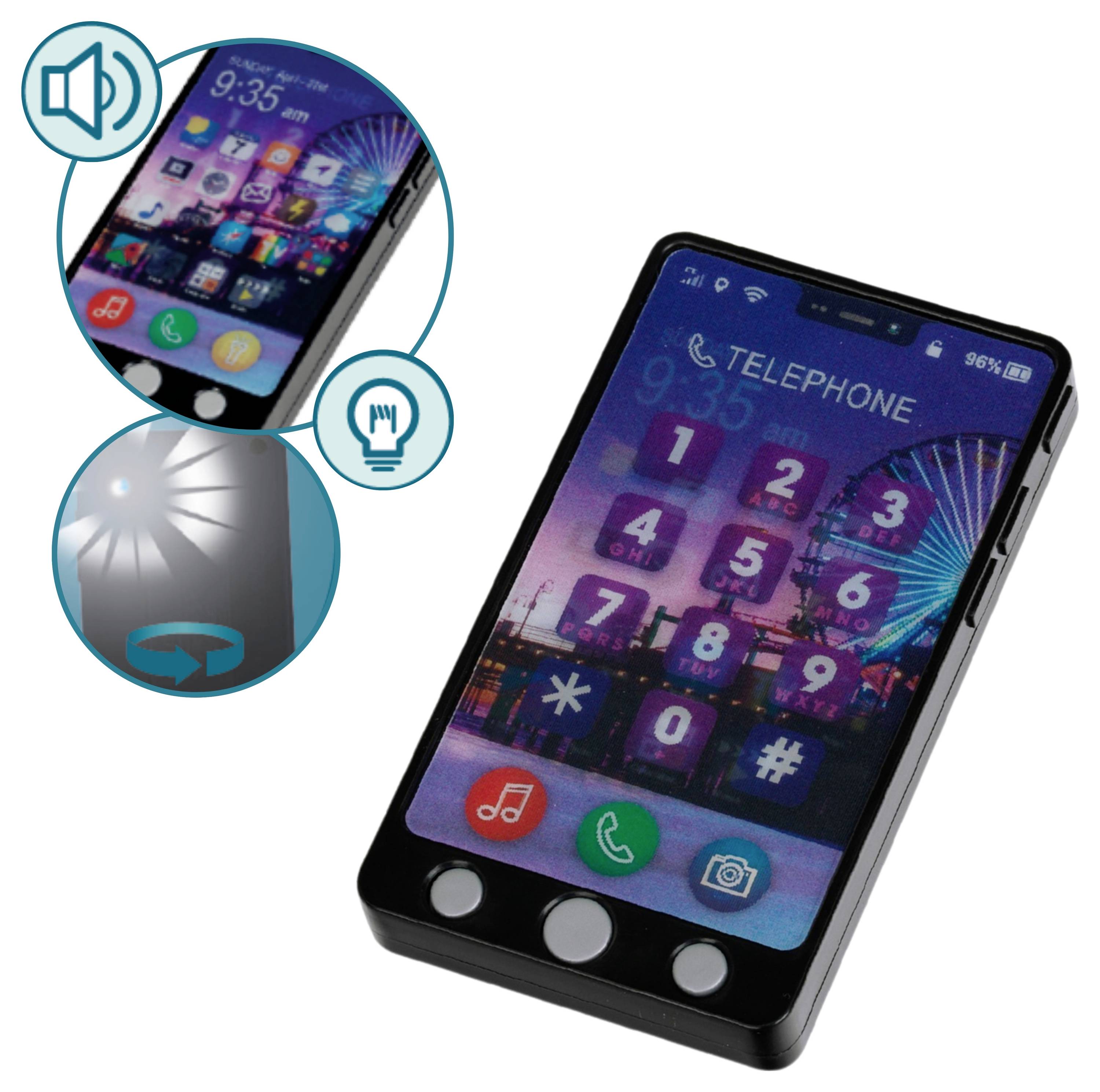 Smartphone mit einer digitalen Oberfläche, auf der bunte App-Icons zu sehen sind. Eingesetzte Bilder heben eine Taschenlampen-Funktion und ein Lautsprechersymbol auf dem Telefon hervor.