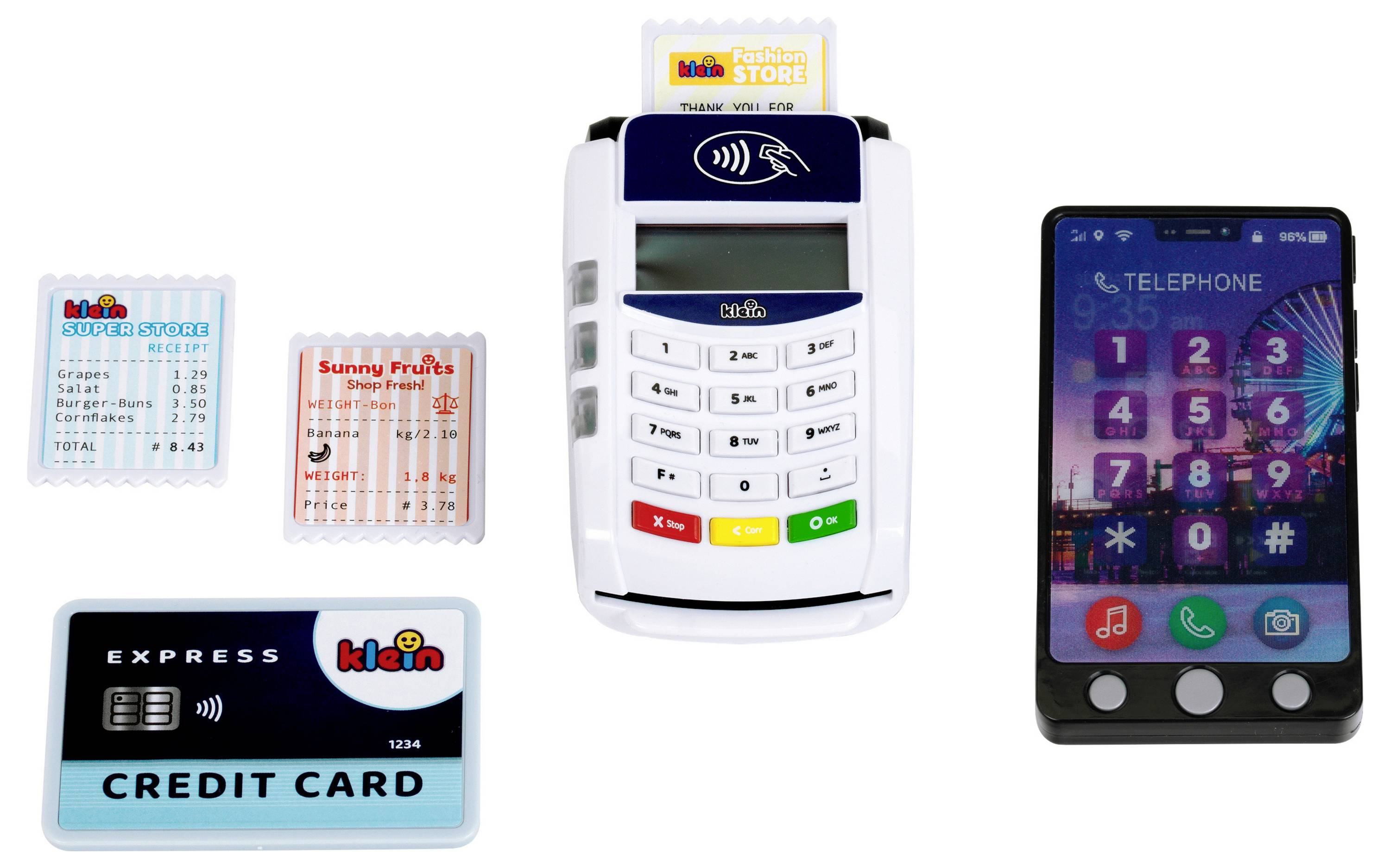 Kassenspielsatz mit Kartenleser, Smartphone, Kreditkarte und Spielquittungen für Rollenspiel-Geschäftsaktivitäten.