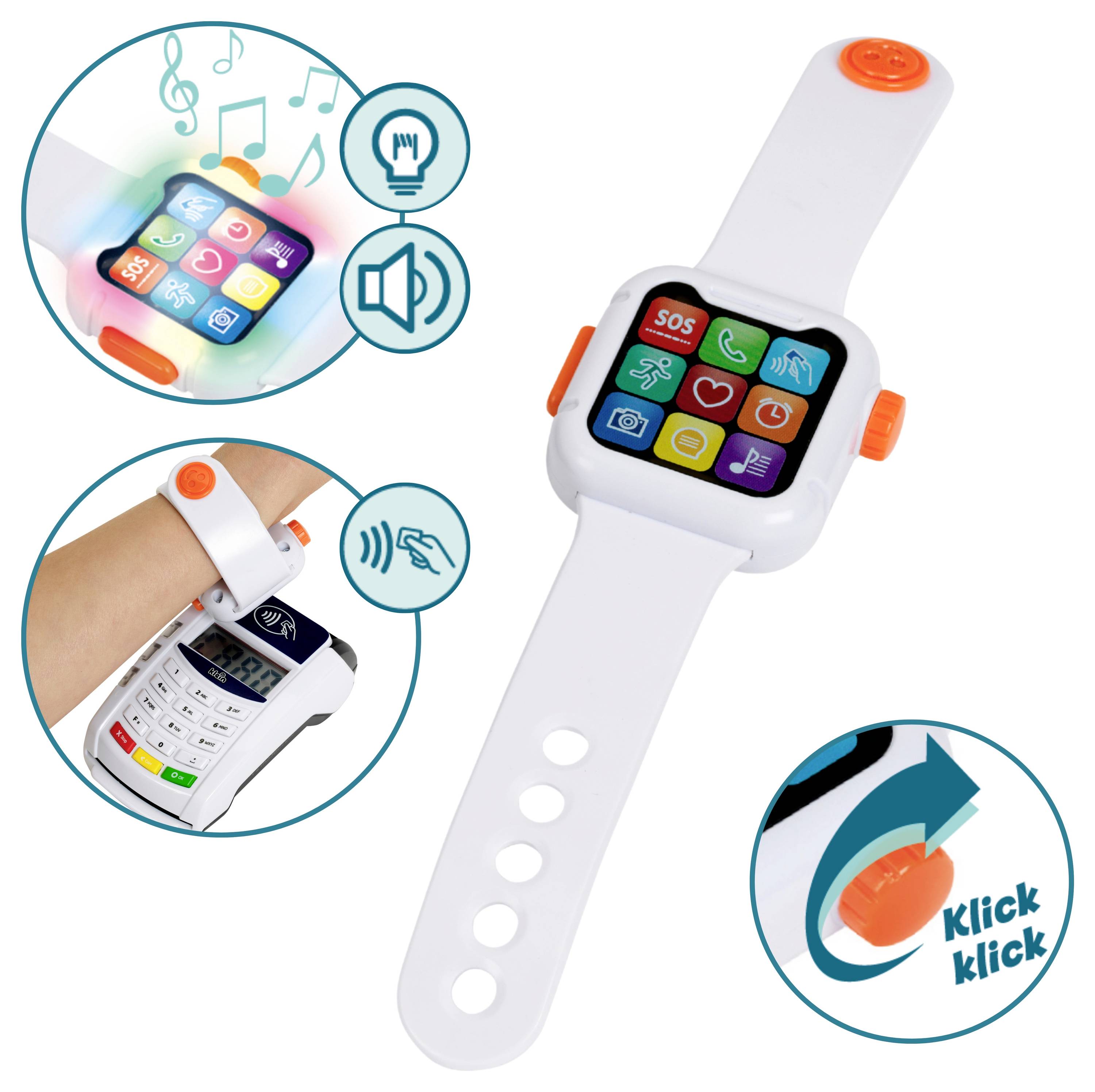 Eine Kinder-Smartwatch mit bunten App-Symbolen, einer SOS-Taste, Musik, Mikrofon und Lautstärkesymbolen. Sie verfügt über eine Klicktaste und Kontaktlos-Zahlungsfunktion.