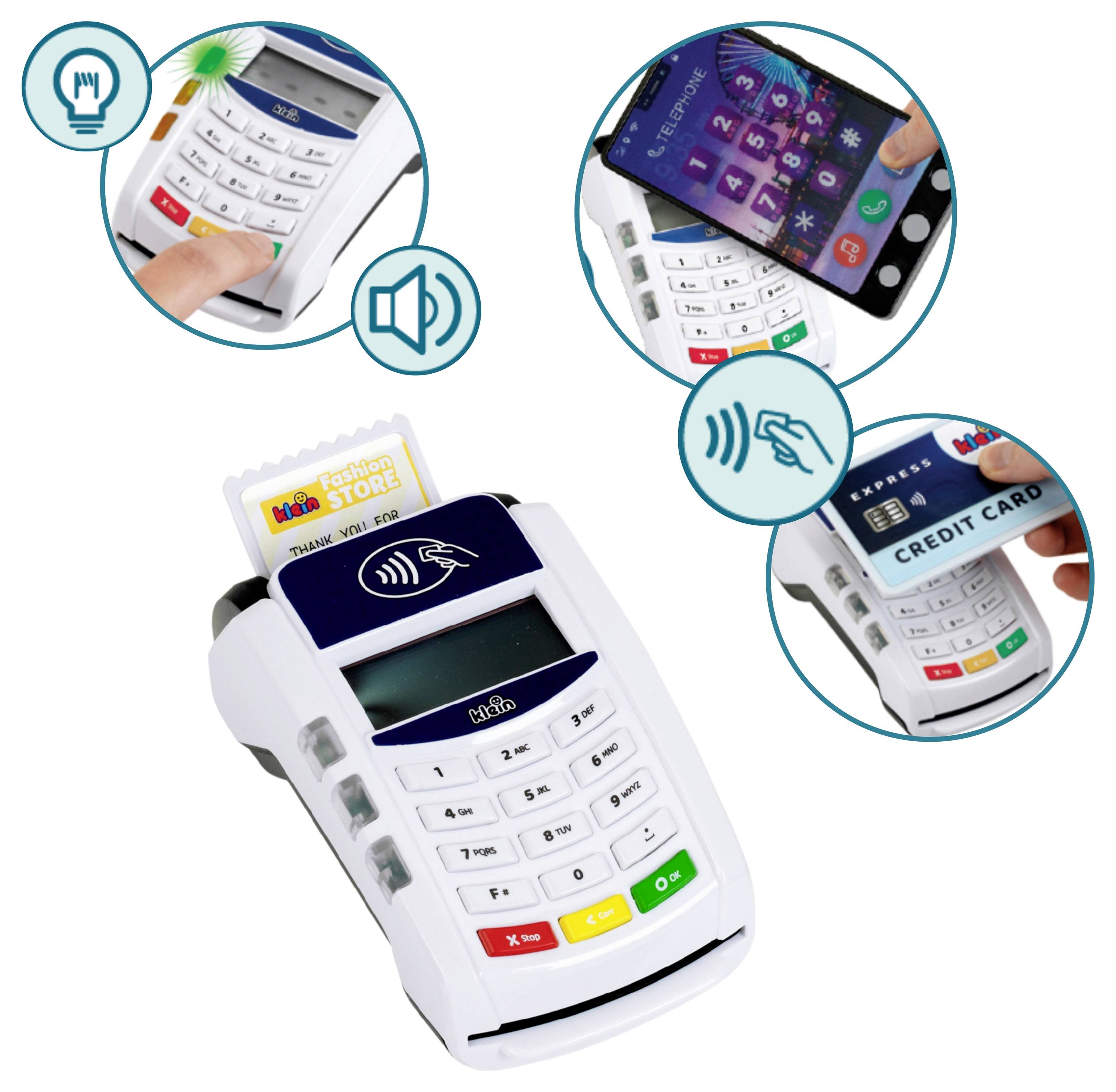 Spielzeug-Kreditkartenterminal mit Tasten, Kartenschlitz und Display. Mit Geräuschen und Lichtern. Enthält Spielzeug-Kreditkarte und Telefon.