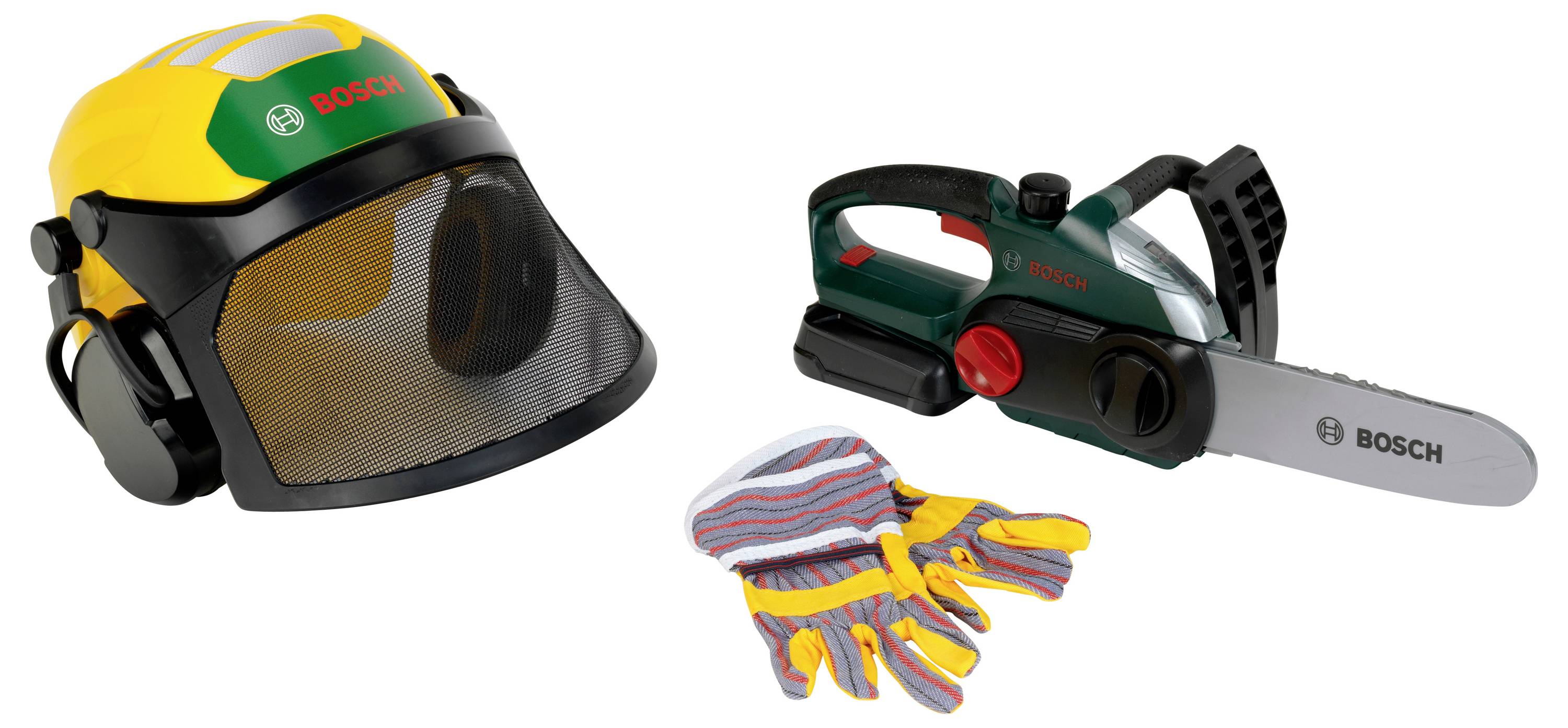 Bosch Spielzeug-Set mit Kettensäge, Sicherheitshelm mit Visier und Gehörschutz sowie Schutzhandschuhen, zum Spielen für Kinder.
