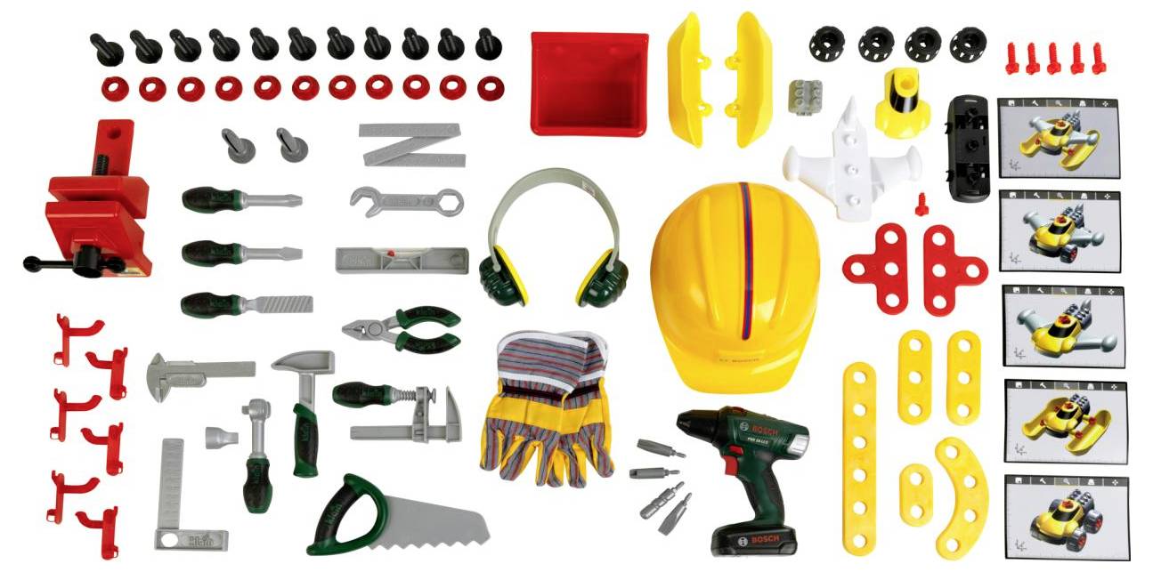 Kinderspielzeug-Bauwerkzeug-Set mit Helm, Gehörschutz, Handschuhen, Bohrmaschine, Schrauben, Muttern, Bolzen und verschiedenen Handwerkzeugen.