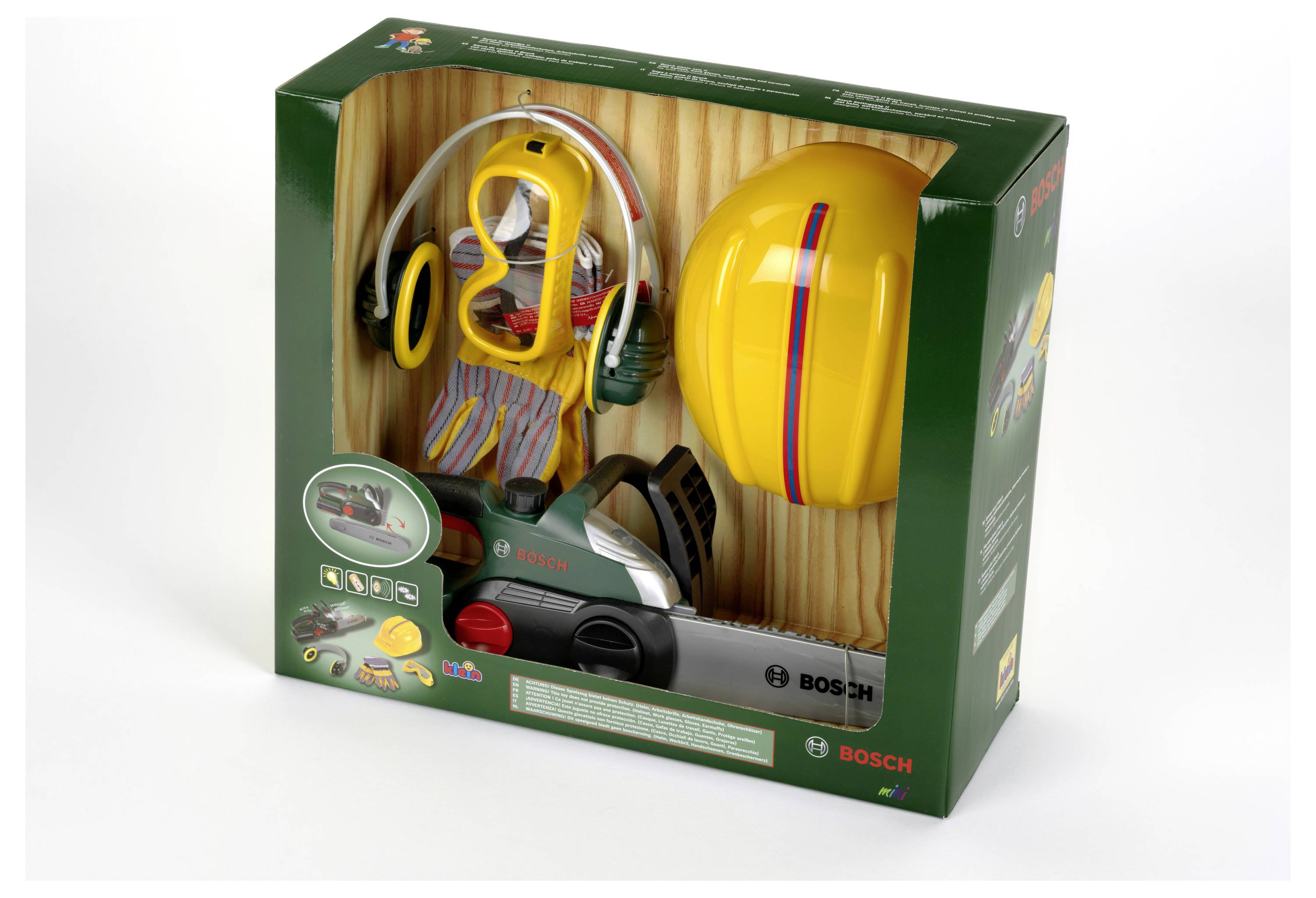 Spielzeug-Set in Verpackung mit einer Plastik-Kettensäge, Helm, Gehörschutz und Handschuhen, entwickelt für Kinder zum Nachspielen von Bauarbeiten.