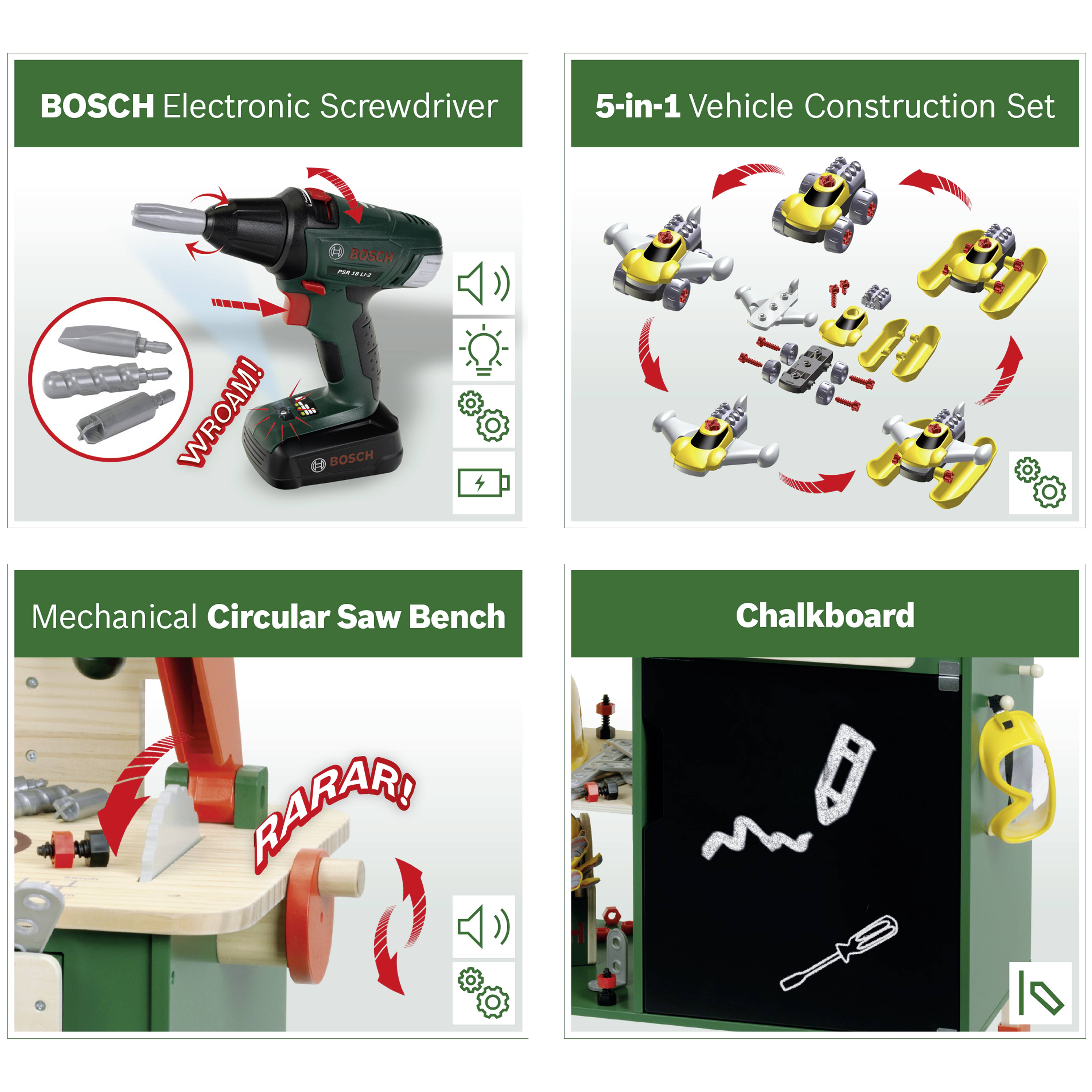 'Elektronischer Schraubendreher', 'Fahrzeug-Bausatz', 'Kreissäge-Werkbank' und 'Tafel' Spielzeug-Set mit Montageanleitungen