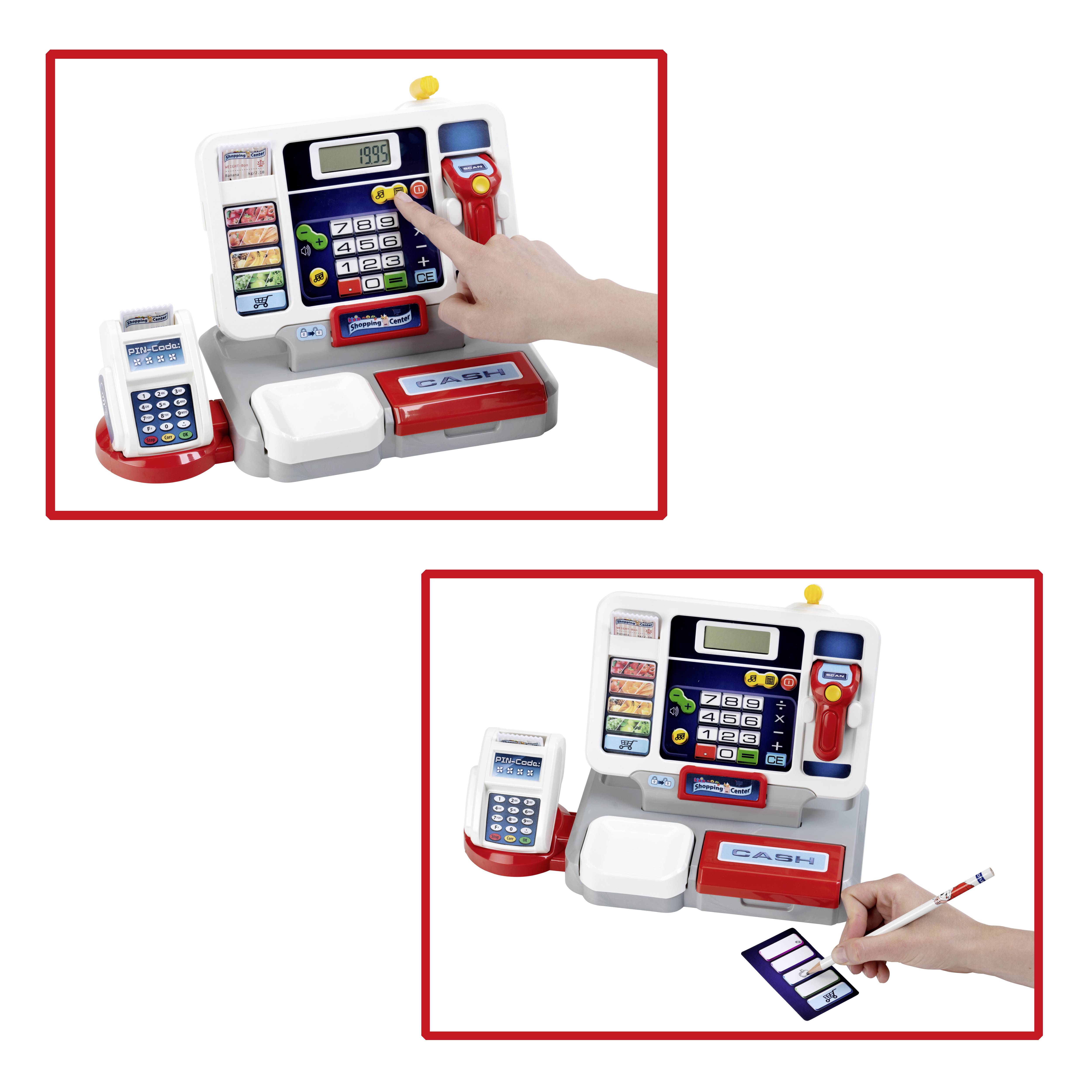 Eine Spielzeug-Registrierkasse für Kinder mit Barcode-Scanner, Kartenleser und Geldschublade. Das obere Bild zeigt eine Hand, die Tasten drückt.