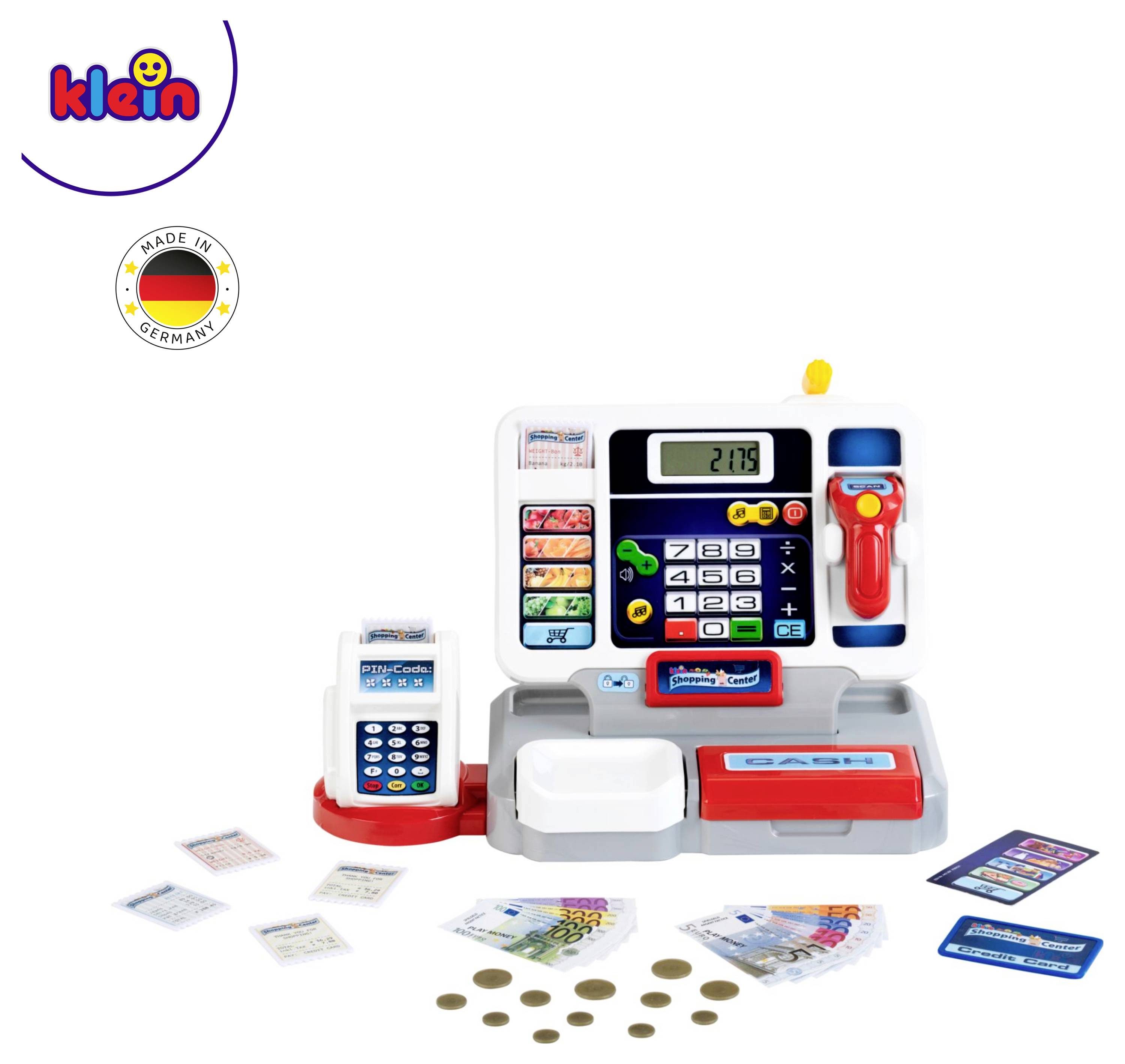 Spielkasse der Marke 'Klein' mit Spielgeld, Karten und Scanner. Display zeigt '2.19'. Entwickelt für kreative Rollenspiele.