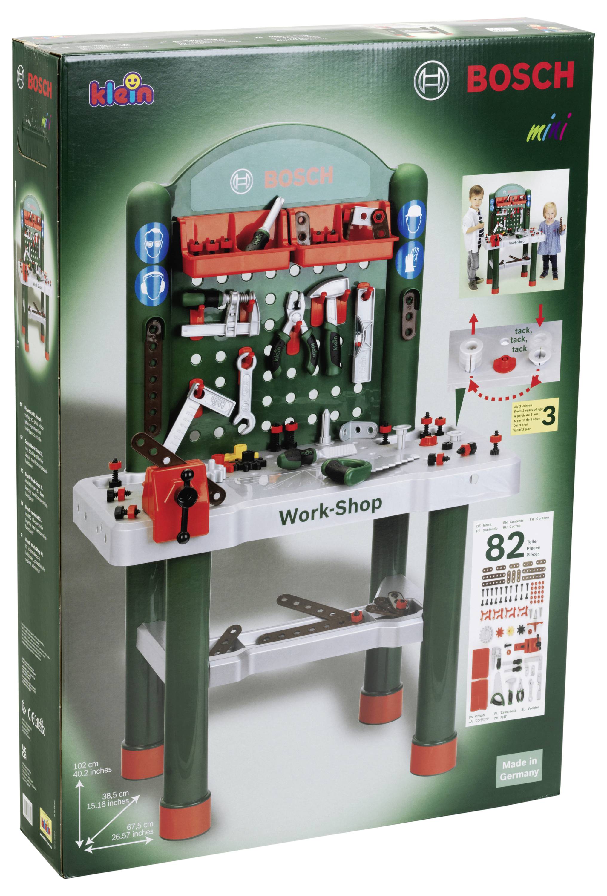 Werkbank-Spielset mit Bosch-Branding enthält Werkzeuge und Zubehör. Die Verpackung zeigt 82 Teile und ist für Kinder geeignet.