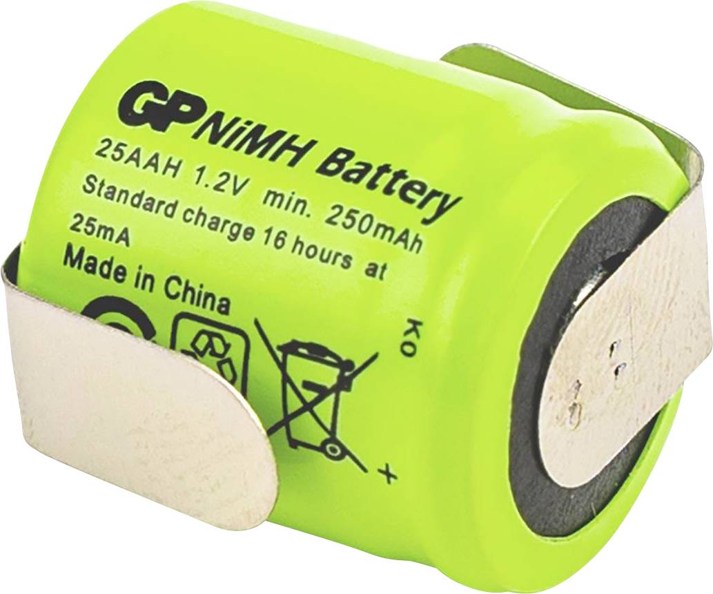 Eine grüne NiMH-Batterie mit Metallanschlüssen, beschriftet mit '25AAH 1,2V, min. 250mAh, Standardladung 16 Stunden bei 25mA, Made in China.'