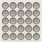 Eine Packung mit 24 kleinen, runden Batterien, in einem 6x4 Raster angeordnet, wobei jede Batterie Zeichen auf der Oberseite aufgedruckt hat.