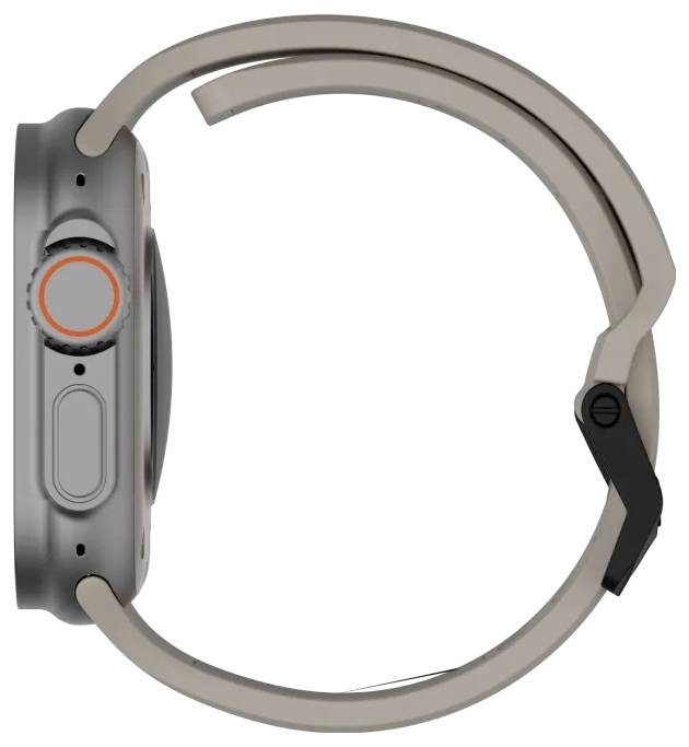 Seitenansicht einer Smartwatch mit einem großen runden Zifferblatt, deutlich sichtbarem seitlichen Knopf und einem beigen Band mit schwarzem Verschluss.