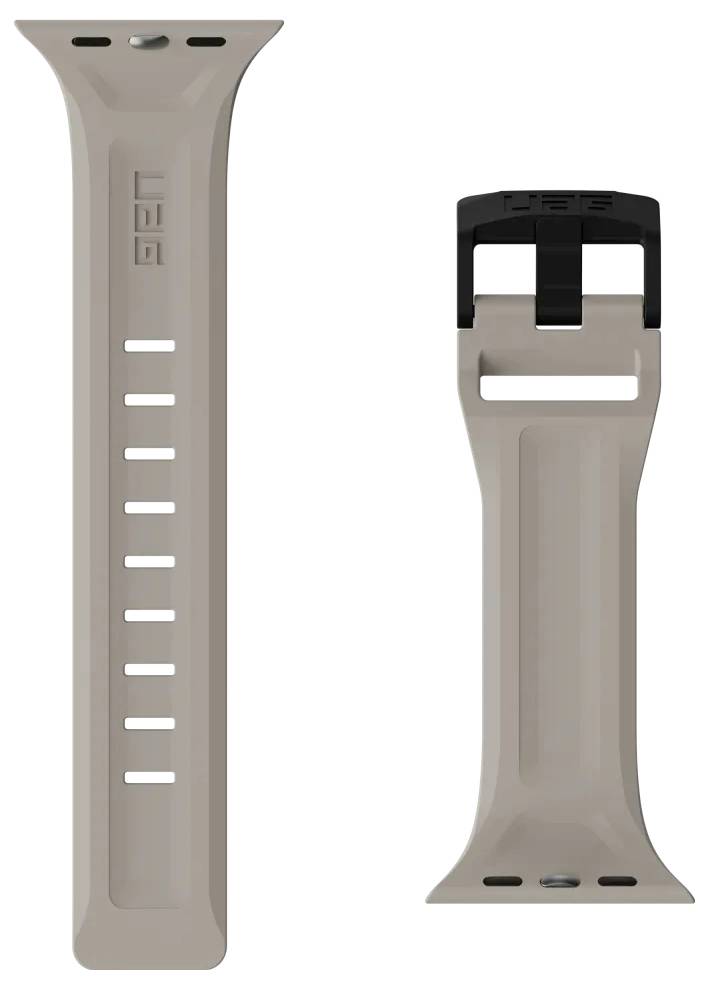 Hellbraune, verstellbare Gummi-Armbanduhrband mit mehreren Löchern zur Größenanpassung und einem schwarzen Verschluss zur Befestigung. Geeignet für Sporttaucheruhren.