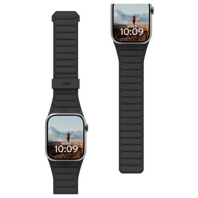 Eine schwarze Smartwatch mit einer Berglandschaftsaufnahme auf dem Display. Die Uhrzeit '10:09' und 'MON 5' werden auf dem Bildschirm angezeigt.