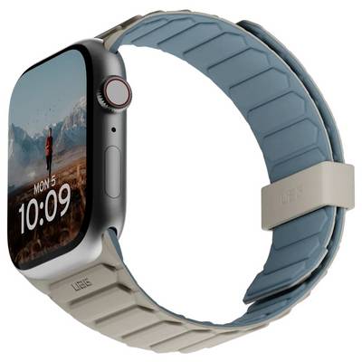Eine Smartwatch mit einer bunten Landschaftstapete auf dem Bildschirm. Sie zeigt das Datum 'Mo 5' und die Uhrzeit '10:09'. Die Uhr hat ein beige-blaues Armband.