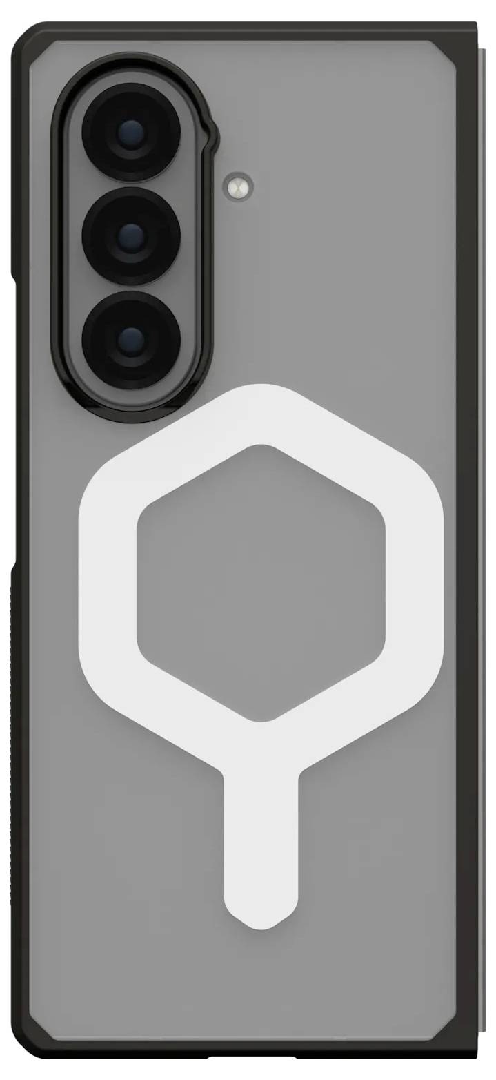 Ein Smartphone mit einer Dreifach-Kamera-Anordnung auf der Rückseite, mit einem auffälligen weißen Hexagon-Logo auf einem grauen Gehäuse.