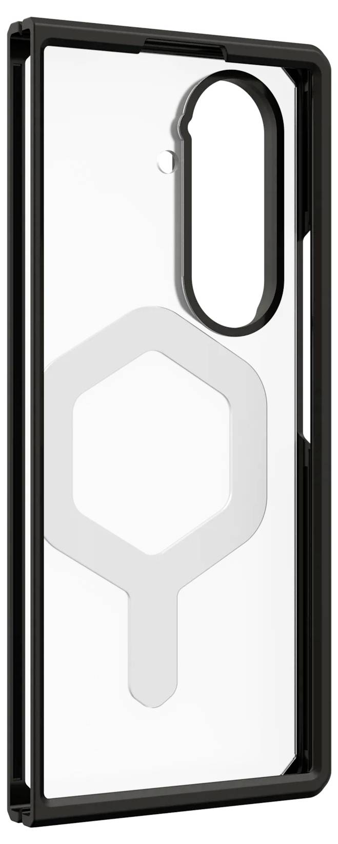 Eine transparente Handyhülle mit schwarzen Kanten, entwickelt für ein Gerät mit einem großen Rückkameramodul. Die Hülle weist ein sechseckiges Muster auf.