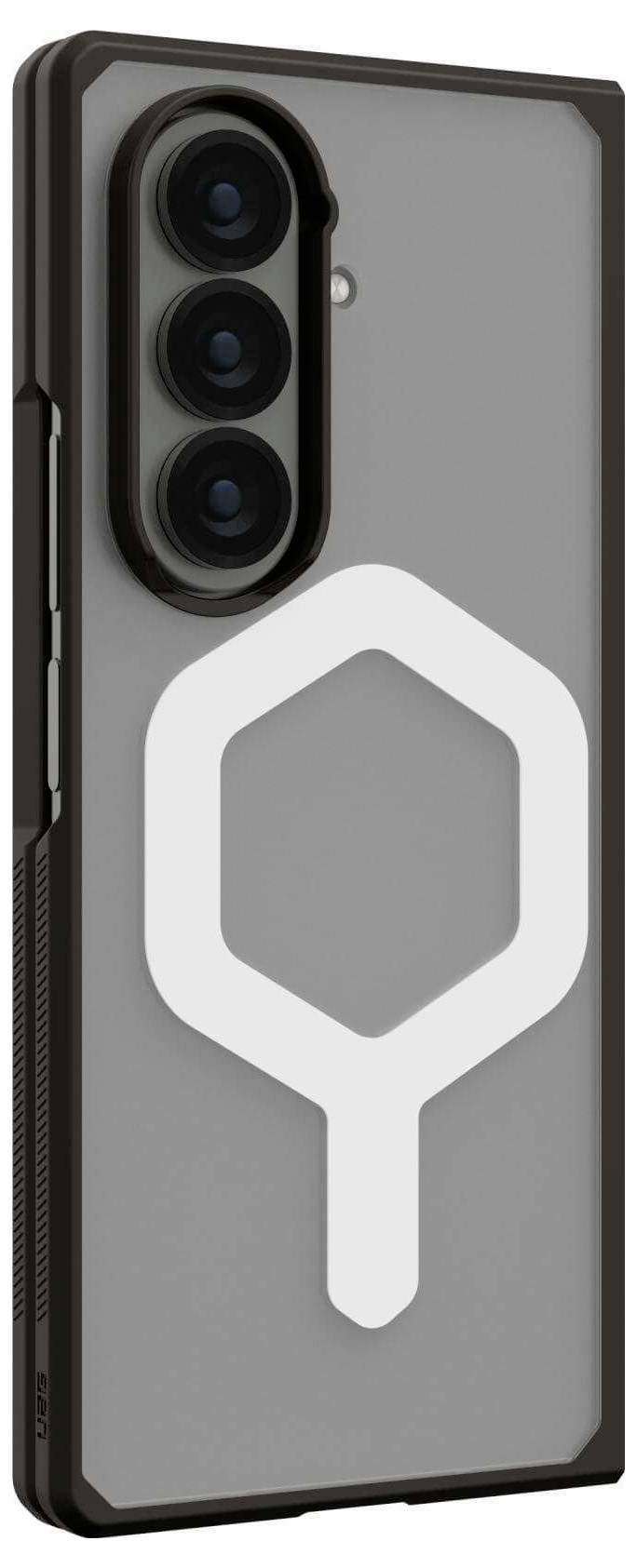 Ein graues Smartphone mit einem großen, weißen geometrischen Logo auf der Rückseite. Das Kameramodul ragt mit drei vertikal ausgerichteten Linsen hervor.