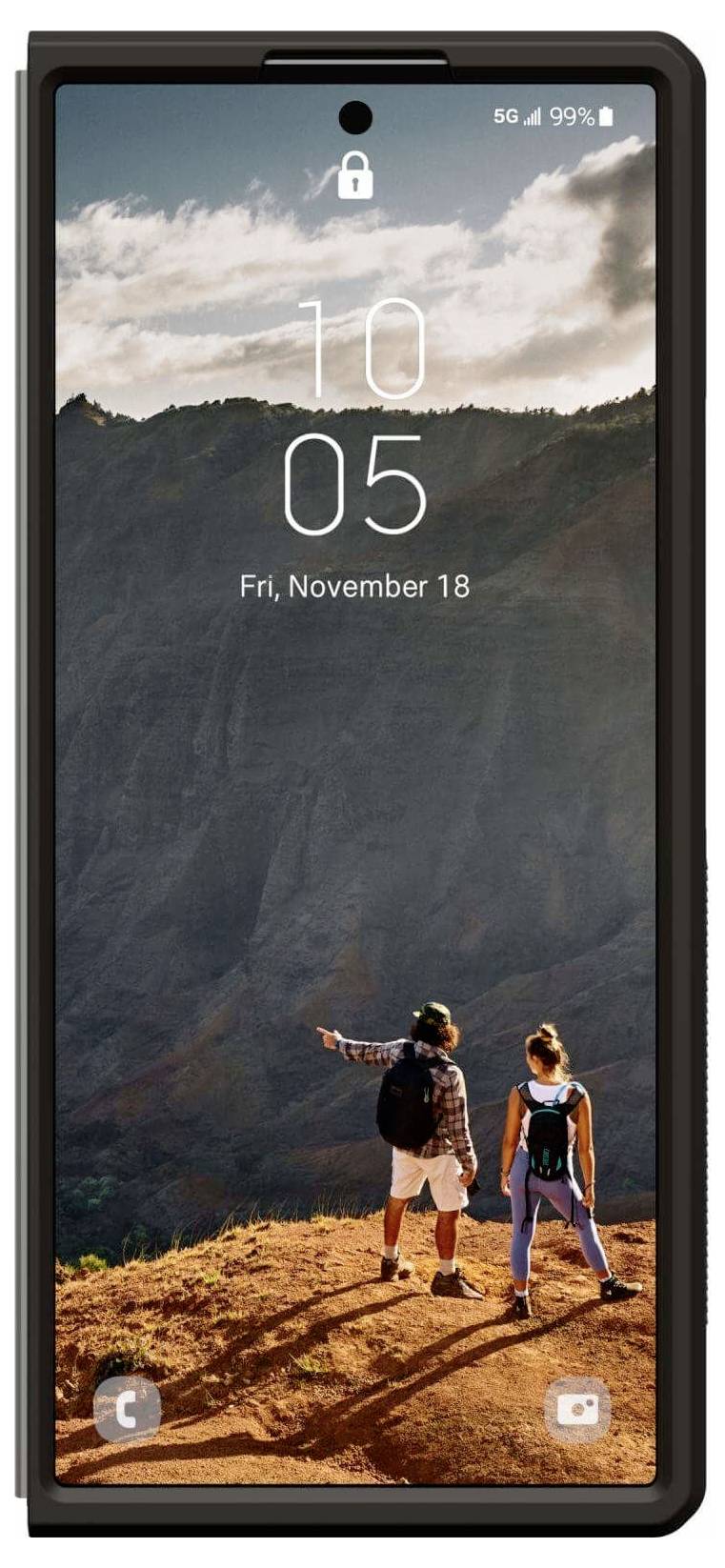 Ein Smartphone-Bildschirm zeigt einen Sperrbildschirm mit der Uhrzeit '10:05' und dem Datum 'Fr., 18. November.' Das Hintergrundbild zeigt zwei Wanderer auf einem Berg.