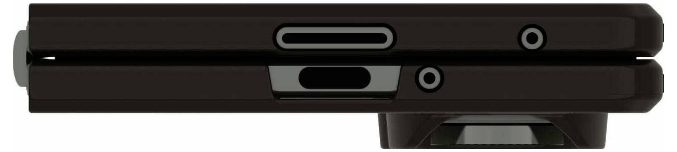 Eine Seitenansicht eines dunkel gefärbten, zusammengeklappten Klapphandys mit Tasten und einem sichtbaren Kameraobjektiv. Die Scharnierstelle ist markant im Design hervorgehoben.