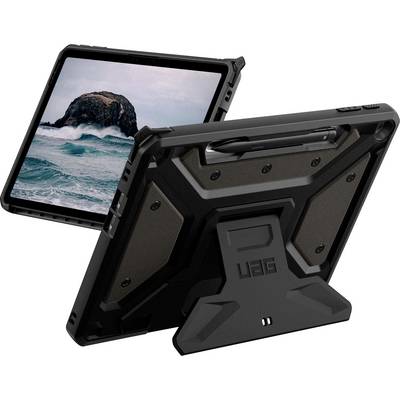 Zwei robuste Tablet-Hüllen mit Ständern, wobei eine Hülle ein Tablet-Display mit einem Ozean- und Felsenbildschirm zeigt und Robustheit und Funktionalität hervorhebt.