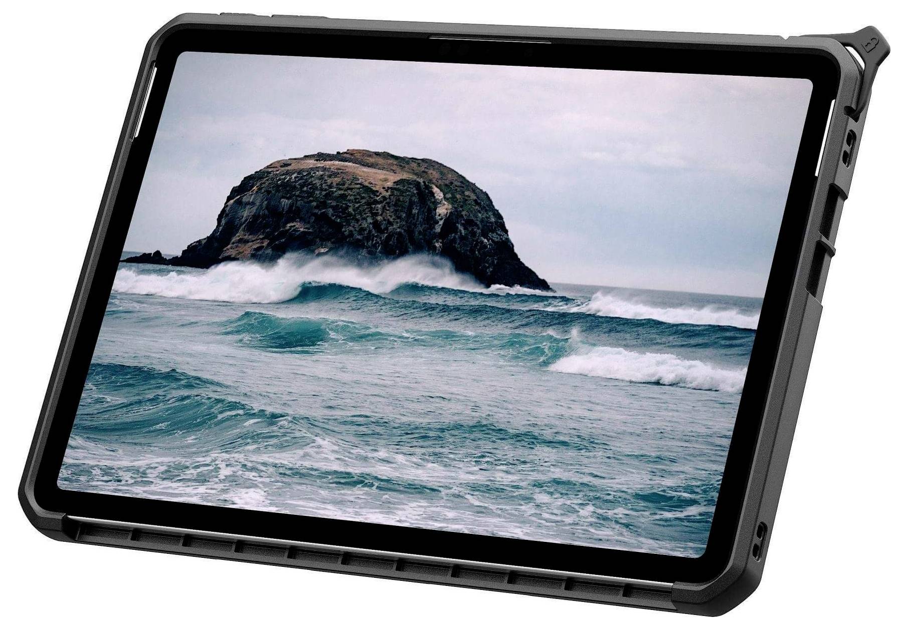 Eine Tablette zeigt einen großen Felsen, der von Ozeanwellen unter einem bewölkten Himmel umgeben ist.