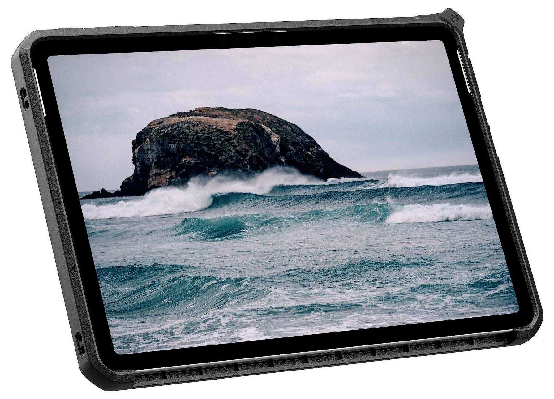 Ein Tablet, das ein Foto von Wellen zeigt, die gegen eine felsige Insel unter einem bewölkten Himmel brandend, wobei die raue Naturlandschaft betont wird.