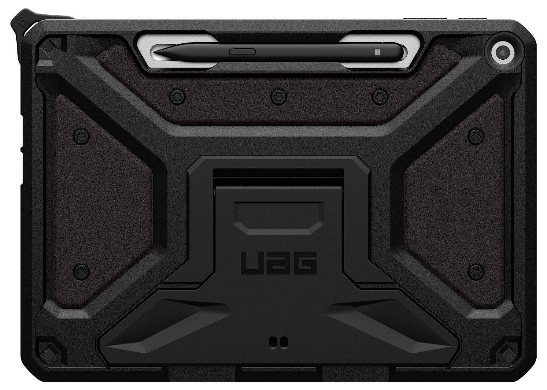 Ein robustes, schwarzes Tablet-Gehäuse mit integriertem Ständer und Halterung für einen Stylus. Das UAG-Logo ist in der Mitte eingeprägt. Konzipiert für Strapazierfähigkeit.