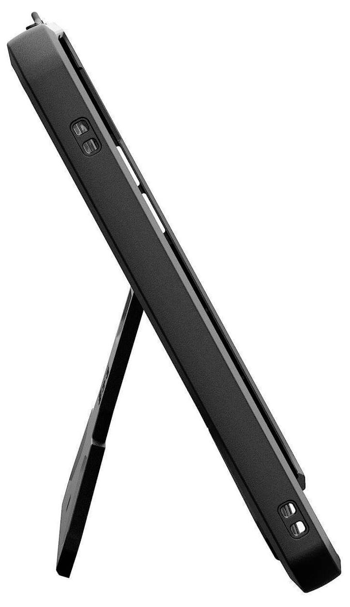 Ein schwarzes Tablet in Seitenansicht mit ausgefahrener Halterung zur Unterstützung, wobei die Seitenknöpfe und das schlanke Design hervorgehoben werden.