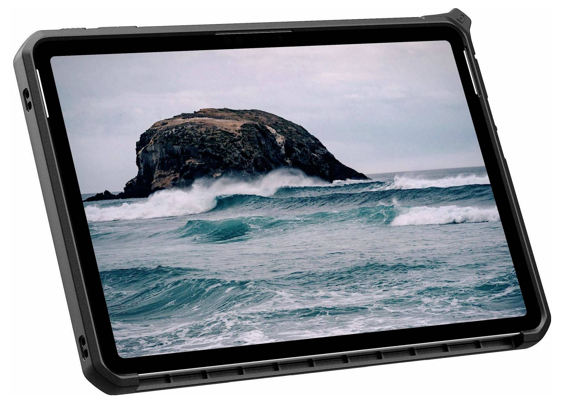 Ein Tablet in einem robusten schwarzen Schutzgehäuse mit integriertem Ständer für benutzerfreundliche Nutzung ohne Hände.