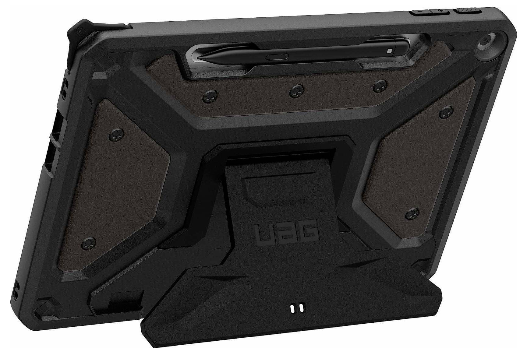 Ein robustes Tablet-Gehäuse mit Ständer, das einen sicheren Schlitz für einen Stylus bietet und auf Haltbarkeit und Schutz ausgelegt ist.