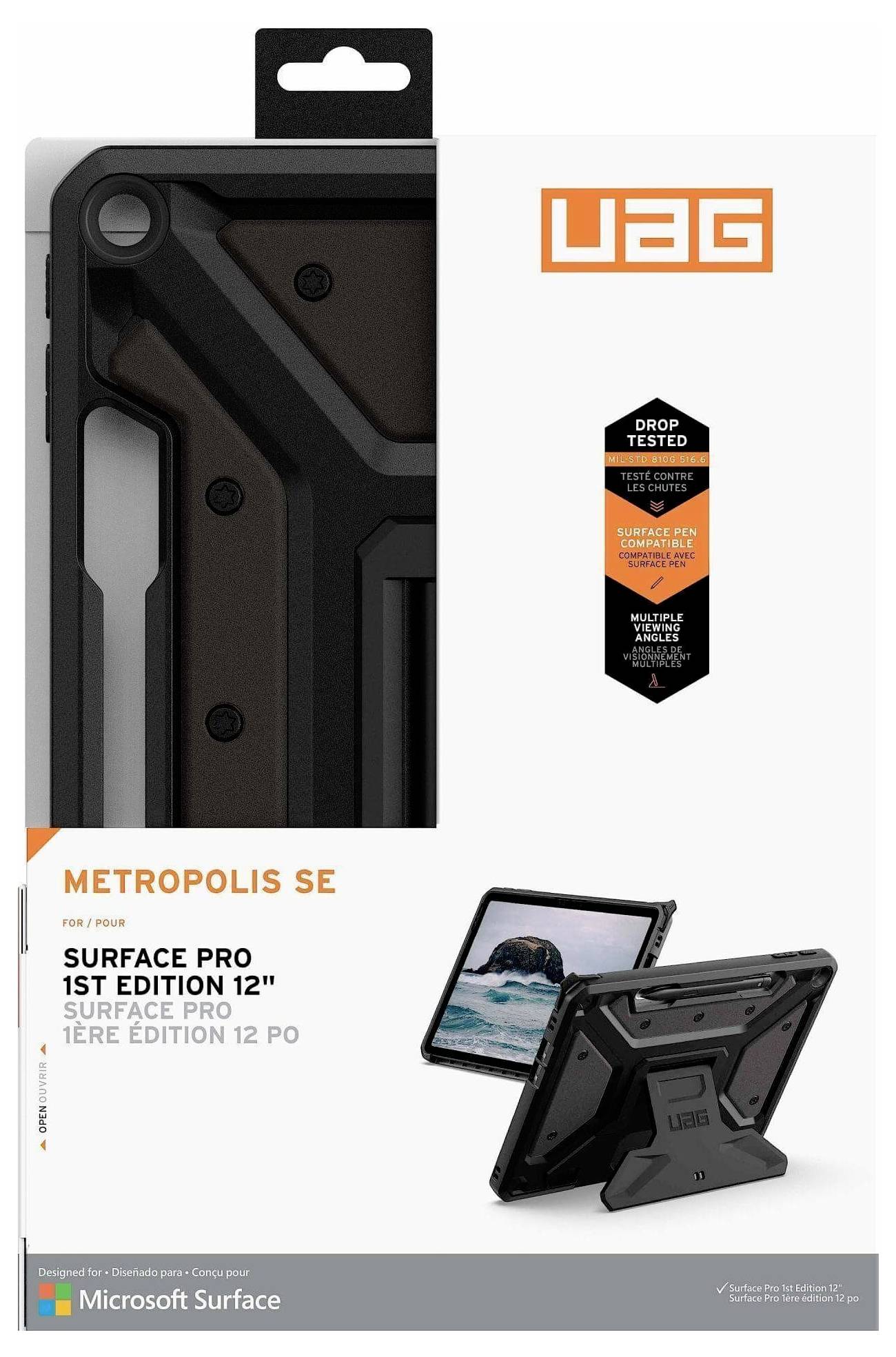Verpackung für das UAG Metropolis SE Gehäuse, entwickelt für Surface Pro 12", mit einem sturztestgeprüften Schutzschild und Foto des Gehäuses im Einsatz mit dem Gerät.