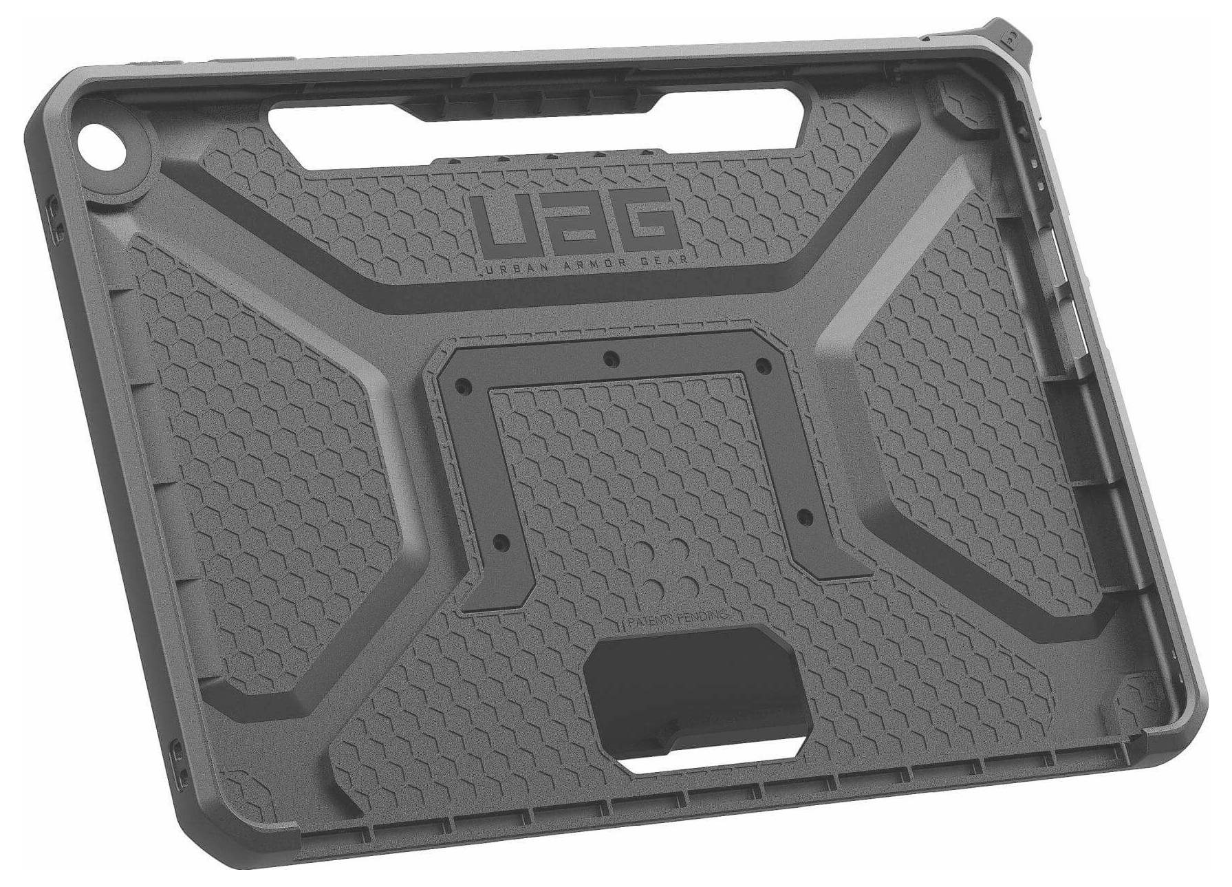 Ein robustes graues Tablet-Gehäuse mit strukturierter Oberfläche, mit der Markenbezeichnung 'UAG' (Urban Armor Gear), ausgestattet mit verstärkten Ecken für optimalen Schutz.