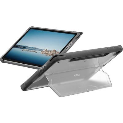 Robustes Tablet-Gehäuse mit verstellbarem Trageriemen und Ständer, das ein Tablet mit einer Landschaftsaufnahme hält.