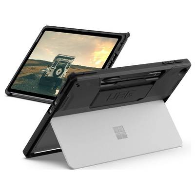 Ein robustes Tablet-Gehäuse mit integriertem Ständer, auf dessen Bildschirm ein Landschaftsbild zu sehen ist. Das Design vermittelt Widerstandsfähigkeit und Funktionalität.