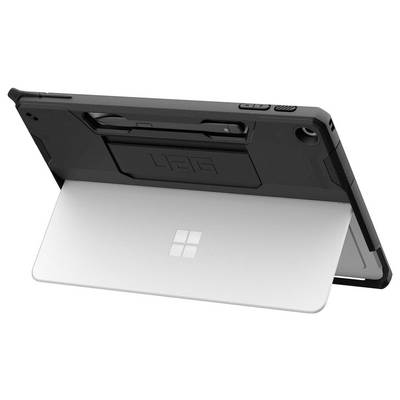 Rückansicht eines Tablets mit einer schwarzen robusten Schutzhülle und integriertem Ständer, die einen Halter für den Eingabestift zeigt.