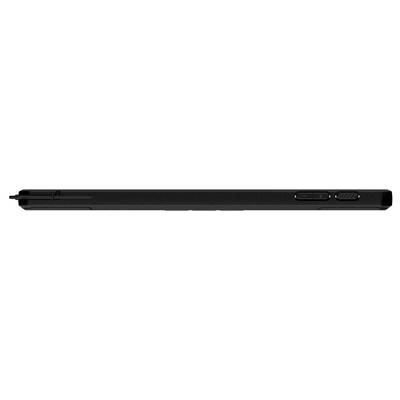 Ein schwarzer elektronischer Stift mit Tasten und einer spitzen Spitze, der zum digitalen Zeichnen oder Schreiben auf Touchscreens verwendet wird.
