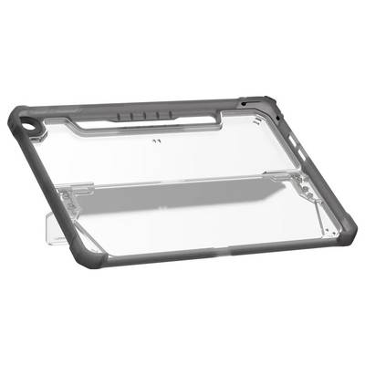 Eine Tablethülle mit robustem, verstärktem Design, ausgestattet mit einer durchsichtigen Rückseite und integriertem Ständer.