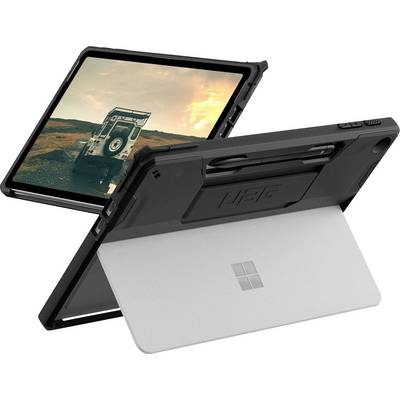 Vorder- und Rückansicht eines Tablets mit einem grauen Schutzgehäuse, ausgestattet mit einem Ständer und einem Trageriemen für einfache Mitnahme.