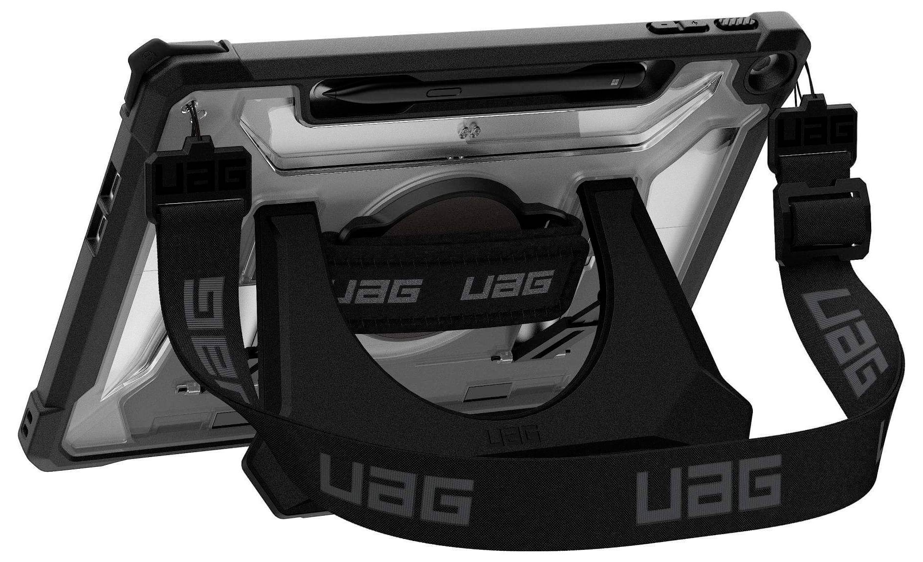 Ein robustes Tablet-Gehäuse mit Trageriemen und integriertem Ständer.