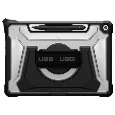 Ein robustes Schutzgehäuse für ein Tablet mit integriertem Ständer und Griffelhalter, in einem schwarz-grauen Design mit 'UAG'-Branding.