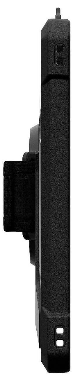 Seitenansicht eines schwarzen Geräts mit einer vorspringenden Komponente in der Mitte, möglicherweise eine Kamera oder ein Sensor, die zwei Aussparungen an einem Ende zeigt.