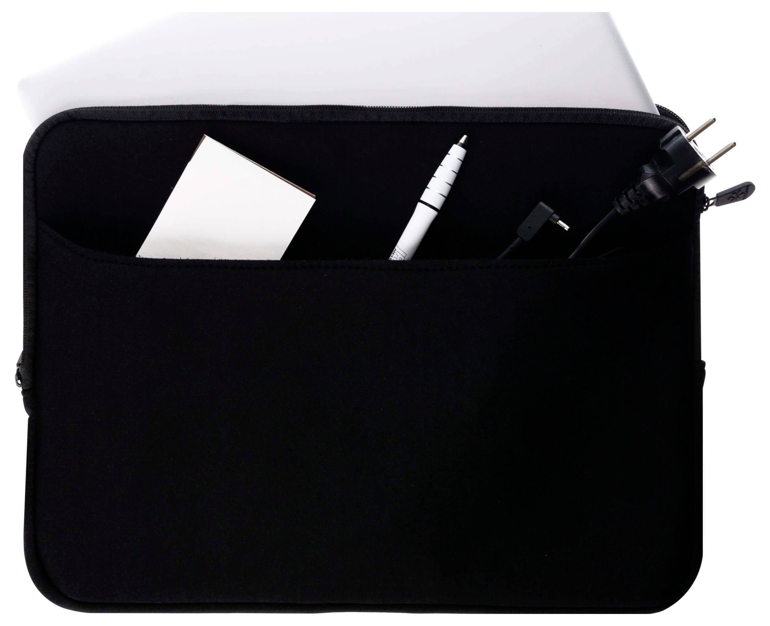 Eine schwarze Laptophülle mit einem Reißverschluss an der Seite, entwickelt zum Schutz von Laptops oder Tablets vor Kratzern und kleineren Stößen.
