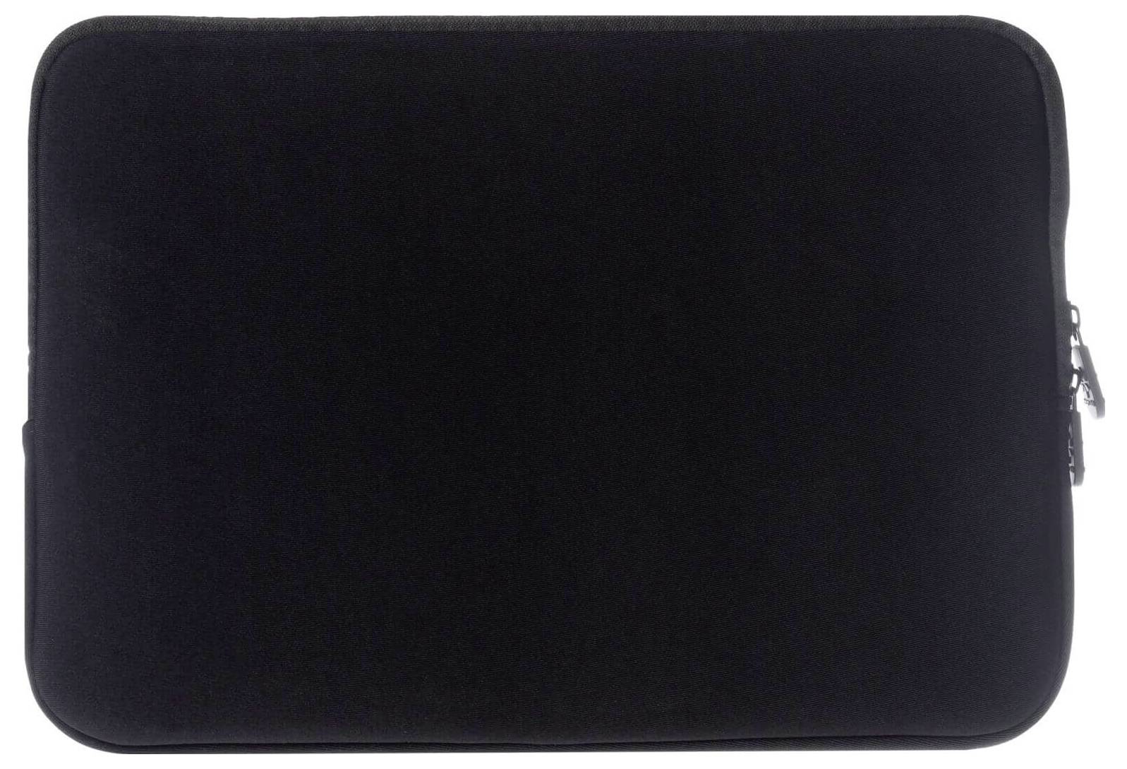 Eine schwarze, rechteckige Laptop-Hülle mit einem Reißverschluss an der rechten Kante.