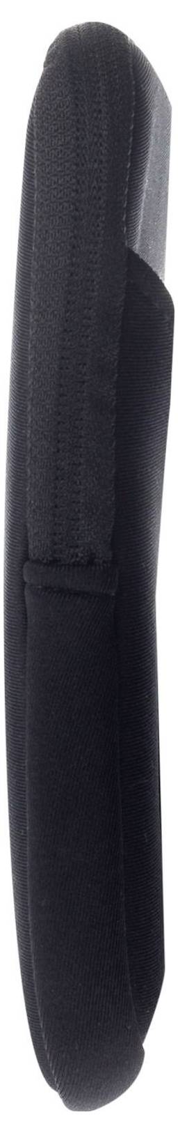 Ein schwarzes gekrümmtes Objekt mit einer weichen, gesteppten Oberfläche, möglicherweise eine Armlehne oder ein Kissen, das in vertikaler Ausrichtung gezeigt wird.