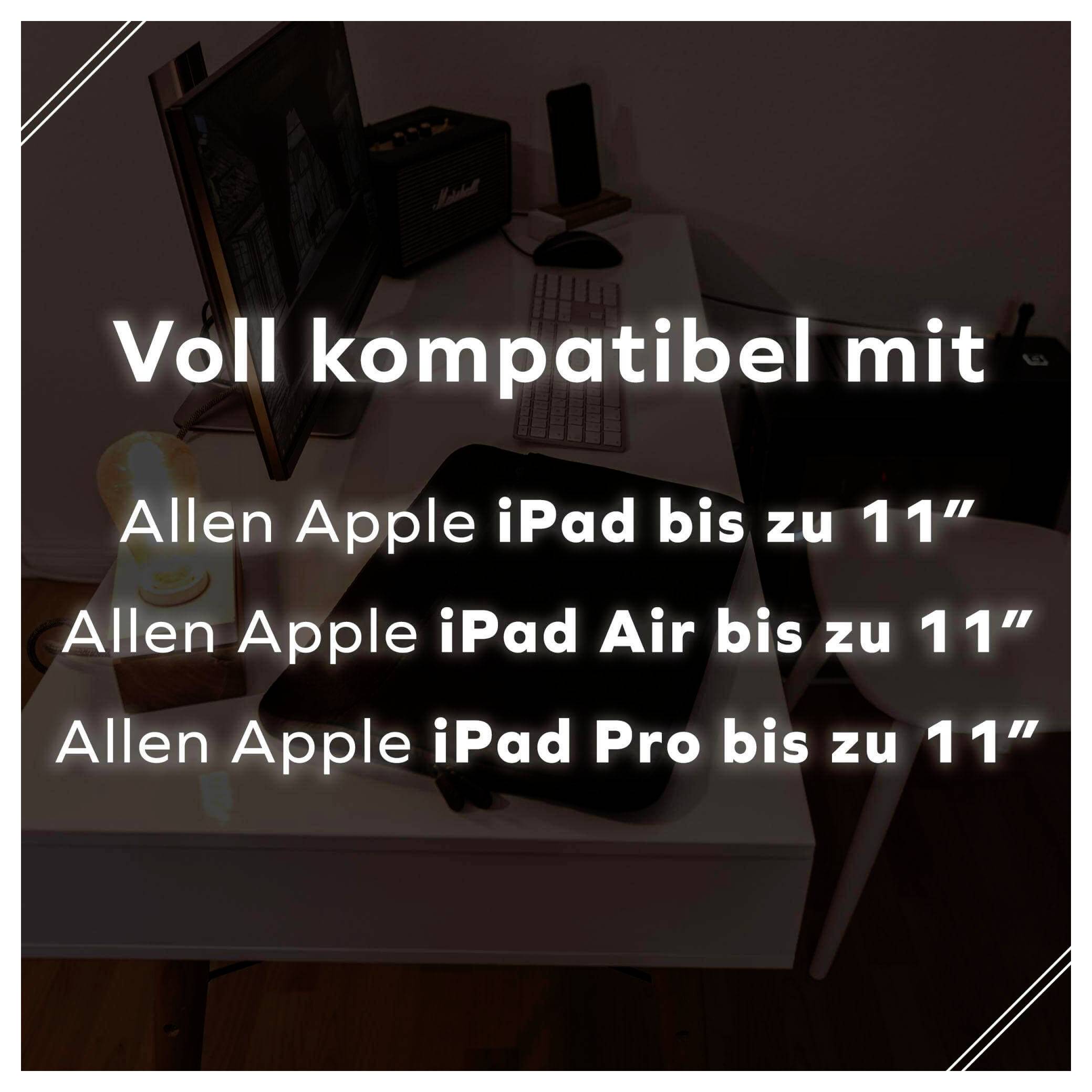 Eine Schreibtischeinrichtung mit einem Bildschirm und Zubehör. Text: 'Voll kompatibel mit allen Apple iPad bis zu 11", allen Apple iPad Air bis zu 11", allen Apple iPad Pro bis zu 11".'